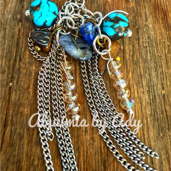 Lapis turquoise western rustic brass fringe statement dangle earrings - Picture 3 of 8